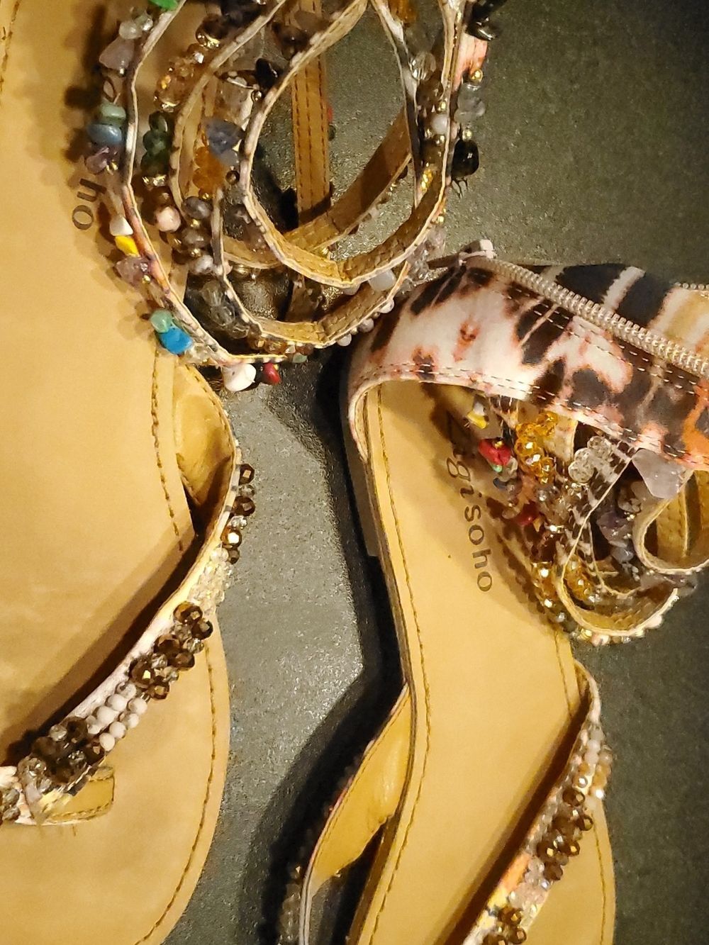 Zigi Soho Gold Beaded T-Strap Sandals with Multicolor Accents - Picture 4 of 9